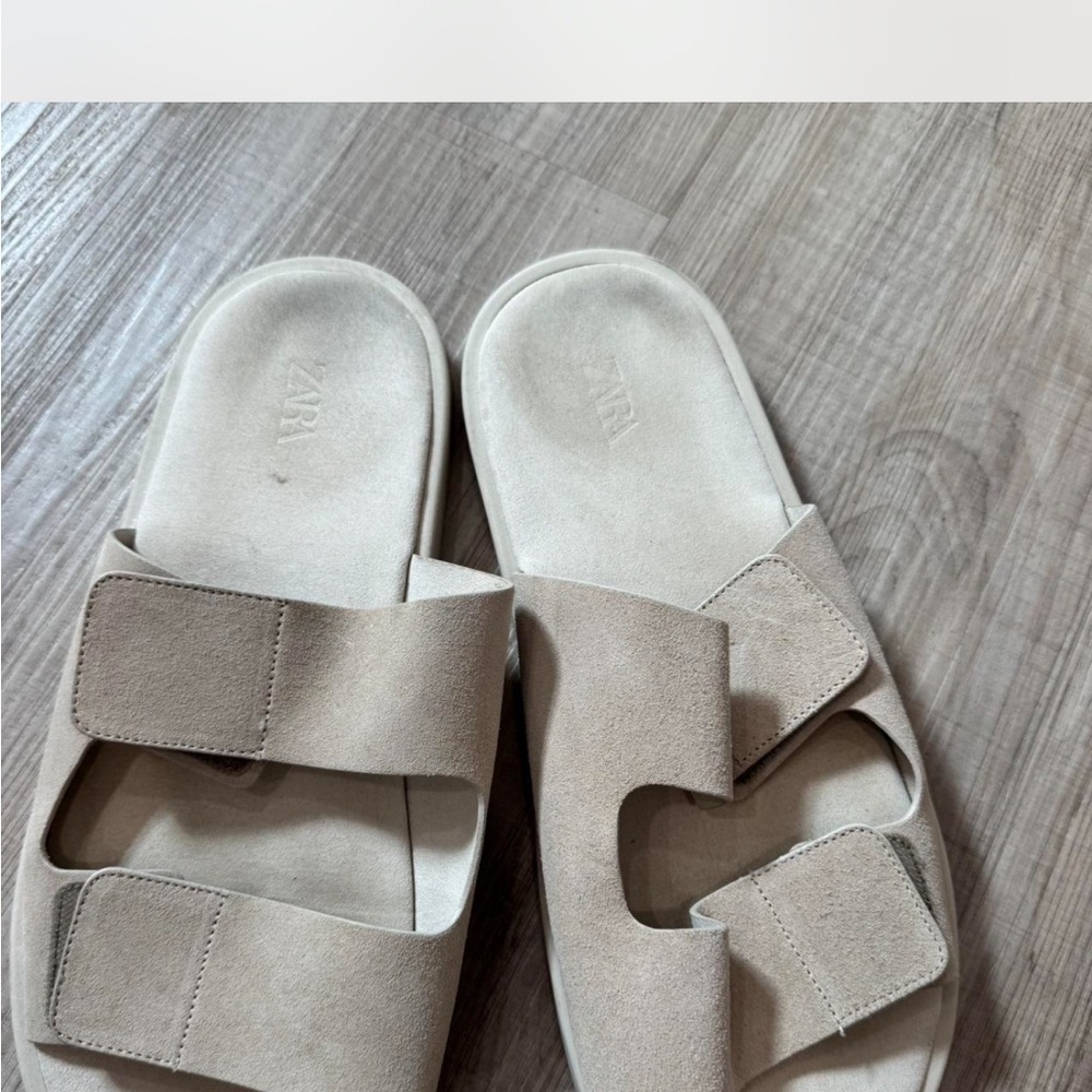 Zara Light Tan Suede Slide Sandals